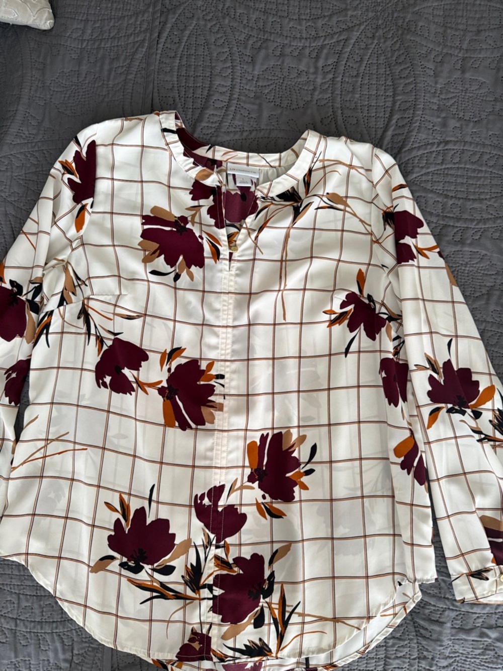 Liz Claiborne Cream Grid Blouse with Burgundy & Tan Floral